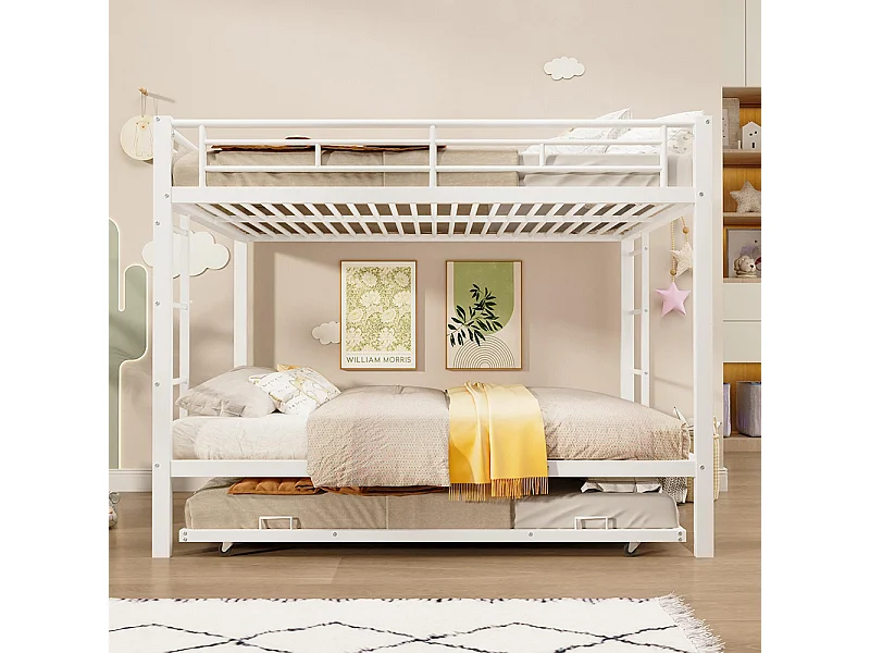 Lit superposé enfant 140x200 cm fer gigogne barrières hautes sans matelas blanc