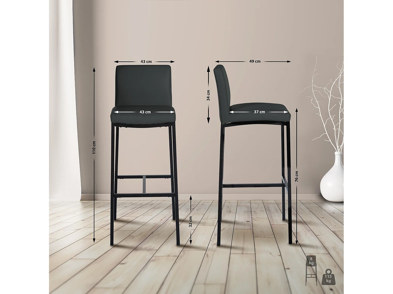 Lot de 2  Tabouret de bar - Similicuir - Gris foncé - Freeport