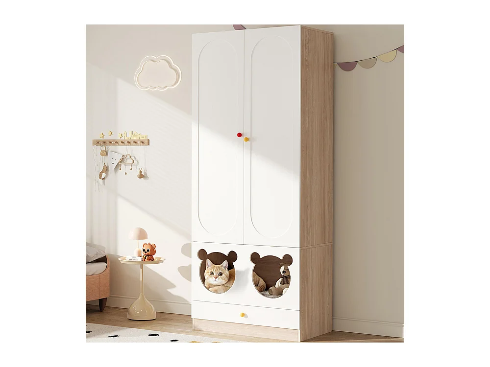 Armoire enfants tringle cintres lit chat panneaux laqués poignées céramique blanc bois naturel