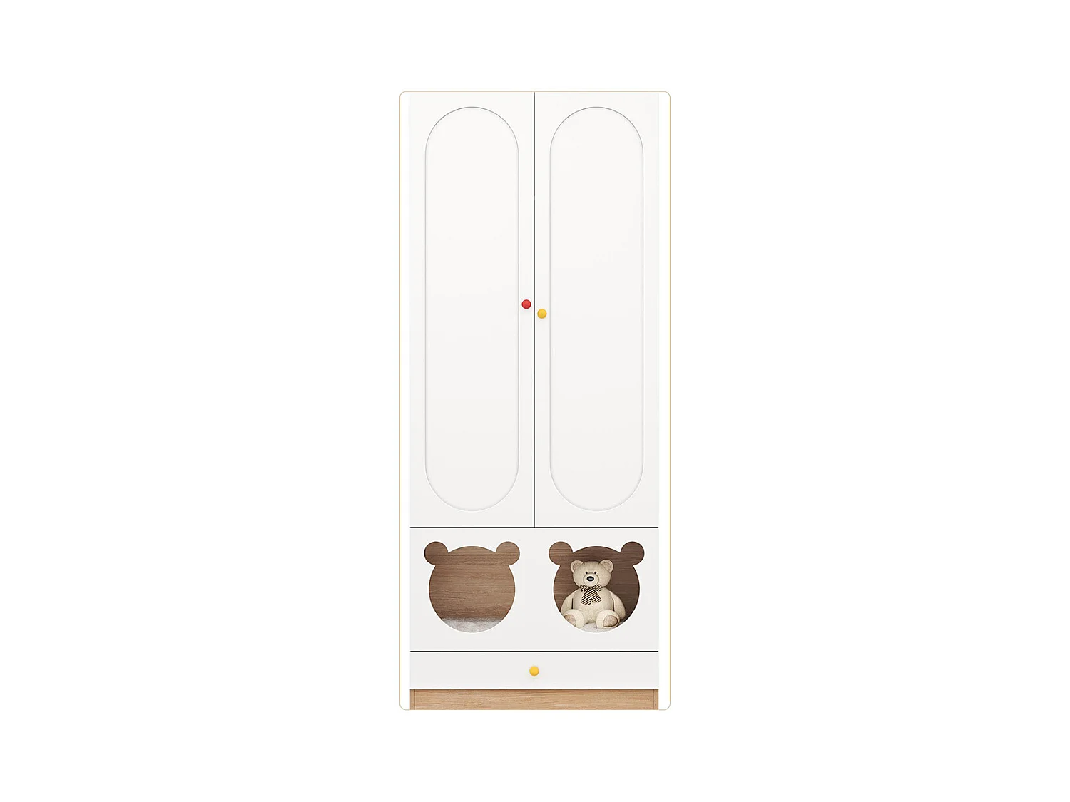 Armoire enfants tringle cintres lit chat panneaux laqués poignées céramique blanc bois naturel
