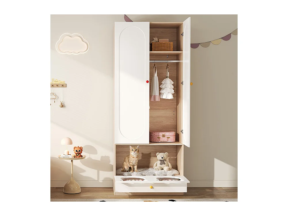 Armoire enfants tringle cintres lit chat panneaux laqués poignées céramique blanc bois naturel