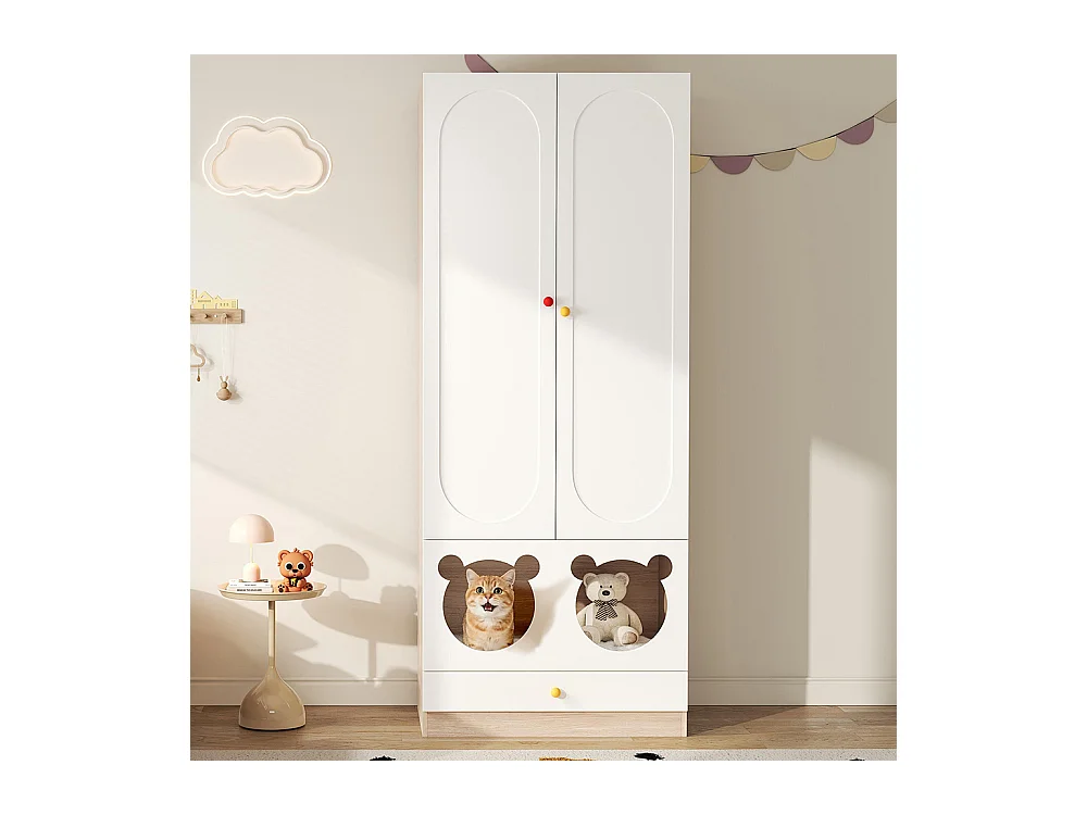 Armoire enfants tringle cintres lit chat panneaux laqués poignées céramique blanc bois naturel