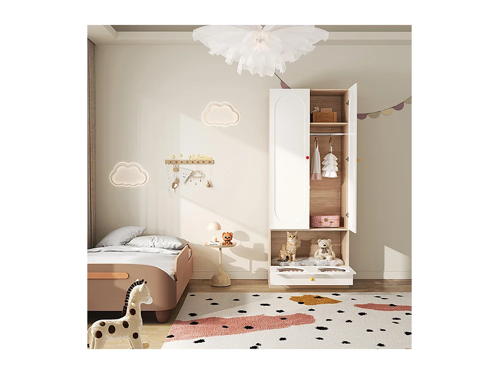 Armoire enfants tringle cintres lit chat panneaux laqués poignées céramique blanc bois naturel