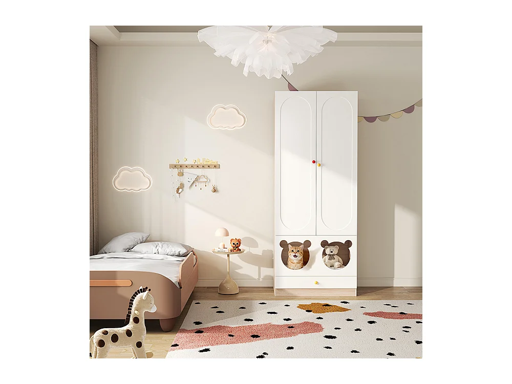 Armoire enfants tringle cintres lit chat panneaux laqués poignées céramique blanc bois naturel