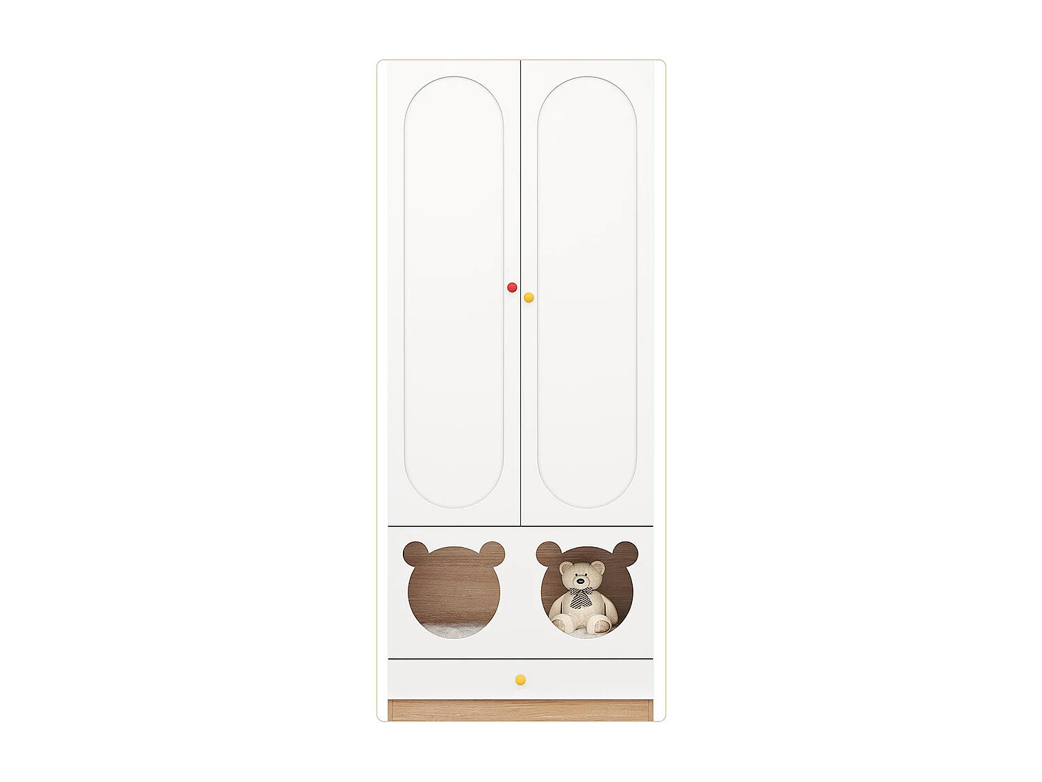 Armoire enfants tringle cintres lit chat panneaux laqués poignées céramique blanc bois naturel