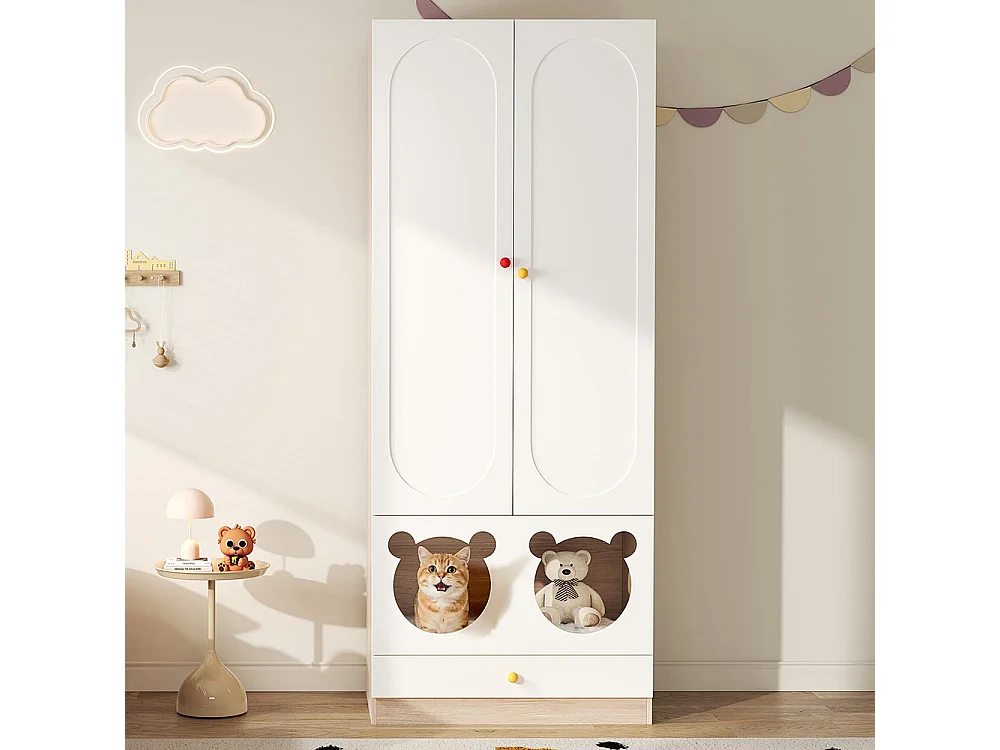 Armoire enfants tringle cintres lit chat panneaux laqués poignées céramique blanc bois naturel