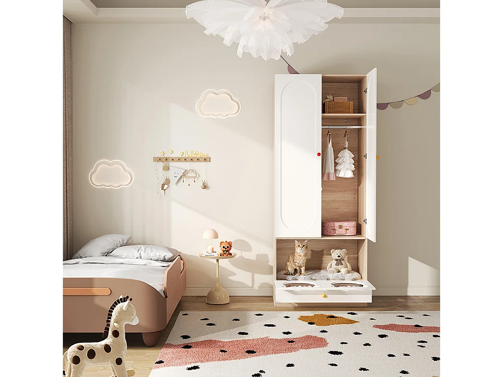Armoire enfants tringle cintres lit chat panneaux laqués poignées céramique blanc bois naturel