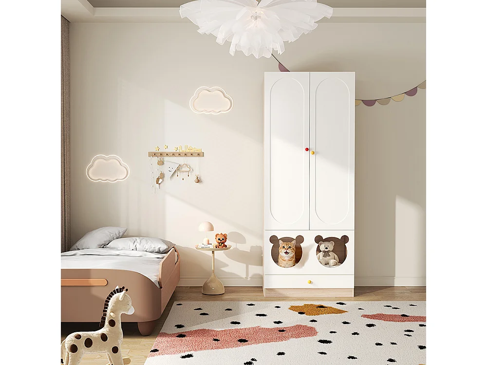 Armoire enfants tringle cintres lit chat panneaux laqués poignées céramique blanc bois naturel