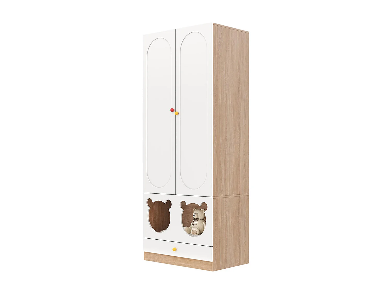 Armoire enfants tringle cintres lit chat panneaux laqués poignées céramique blanc bois naturel