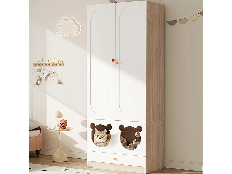 Armoire enfants tringle cintres lit chat panneaux laqués poignées céramique blanc bois naturel