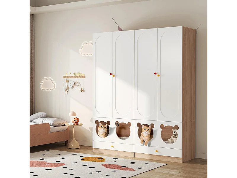 Armoire enfants combinée 2 parties tringle cintres lit chat panneaux laqués blanc bois naturel