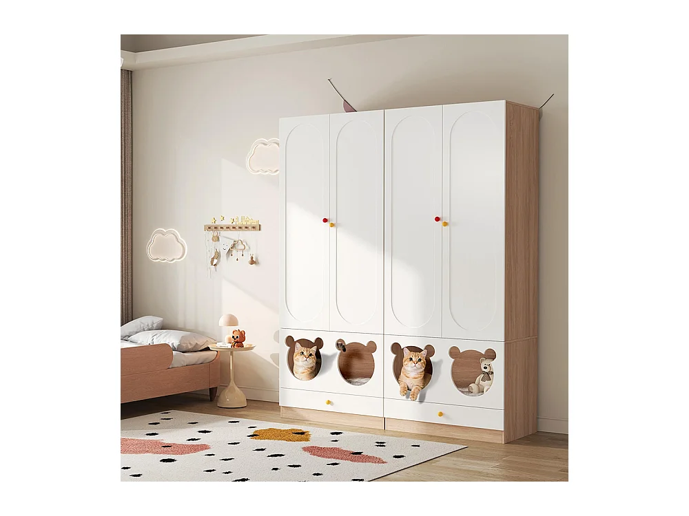 Armoire enfants combinée 2 parties tringle cintres lit chat panneaux laqués blanc bois naturel