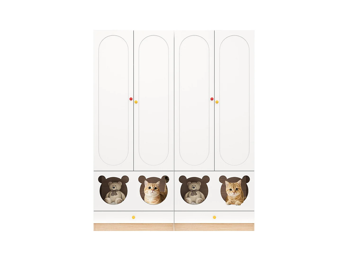 Armoire enfants combinée 2 parties tringle cintres lit chat panneaux laqués blanc bois naturel