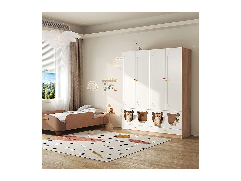 Armoire enfants combinée 2 parties tringle cintres lit chat panneaux laqués blanc bois naturel