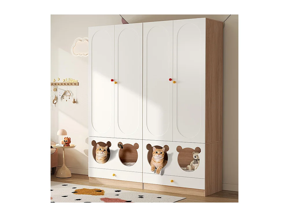 Armoire enfants combinée 2 parties tringle cintres lit chat panneaux laqués blanc bois naturel