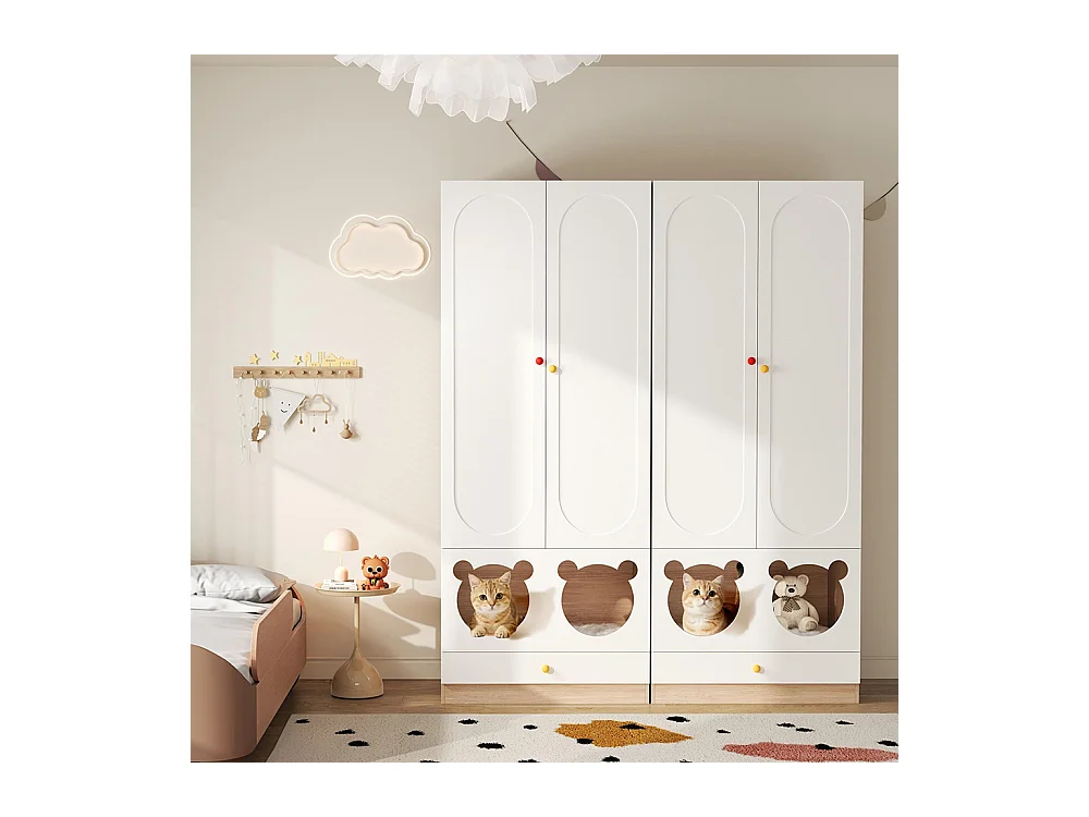 Armoire enfants combinée 2 parties tringle cintres lit chat panneaux laqués blanc bois naturel