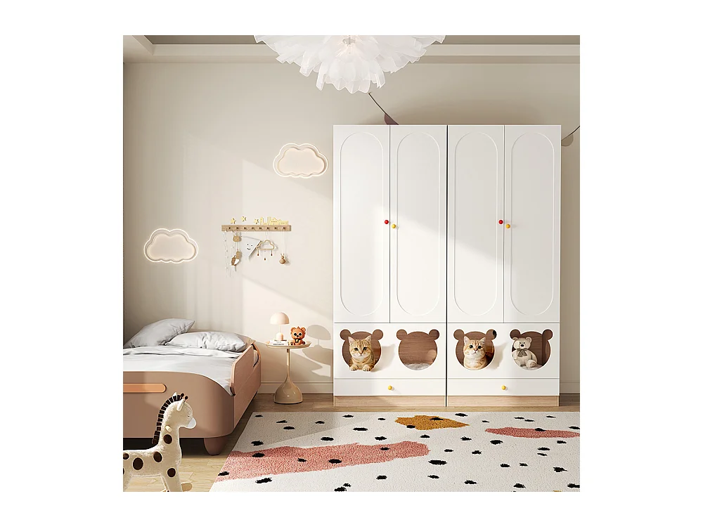 Armoire enfants combinée 2 parties tringle cintres lit chat panneaux laqués blanc bois naturel