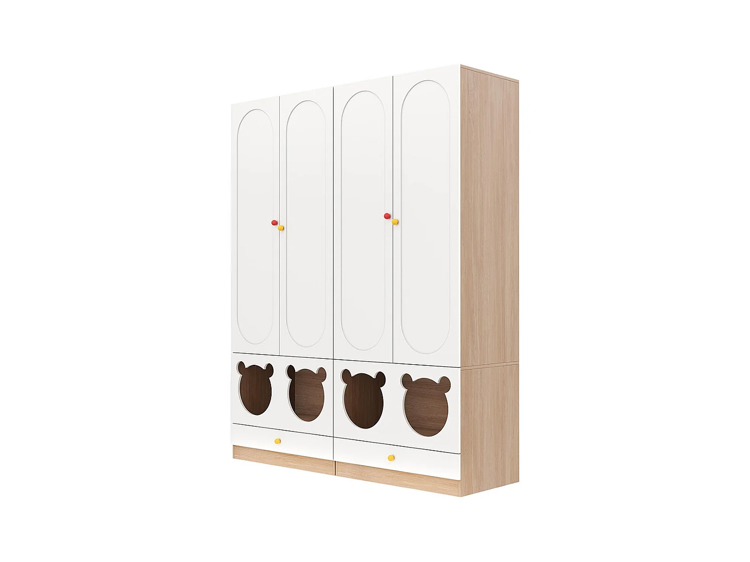 Armoire enfants combinée 2 parties tringle cintres lit chat panneaux laqués blanc bois naturel