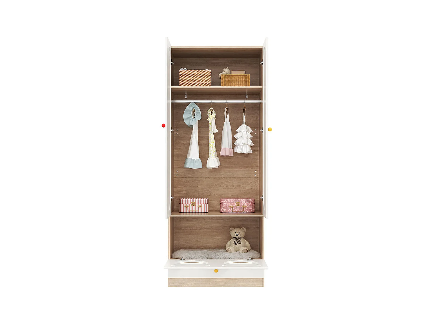 Armoire enfants combinée 2 parties tringle cintres lit chat panneaux laqués blanc bois naturel