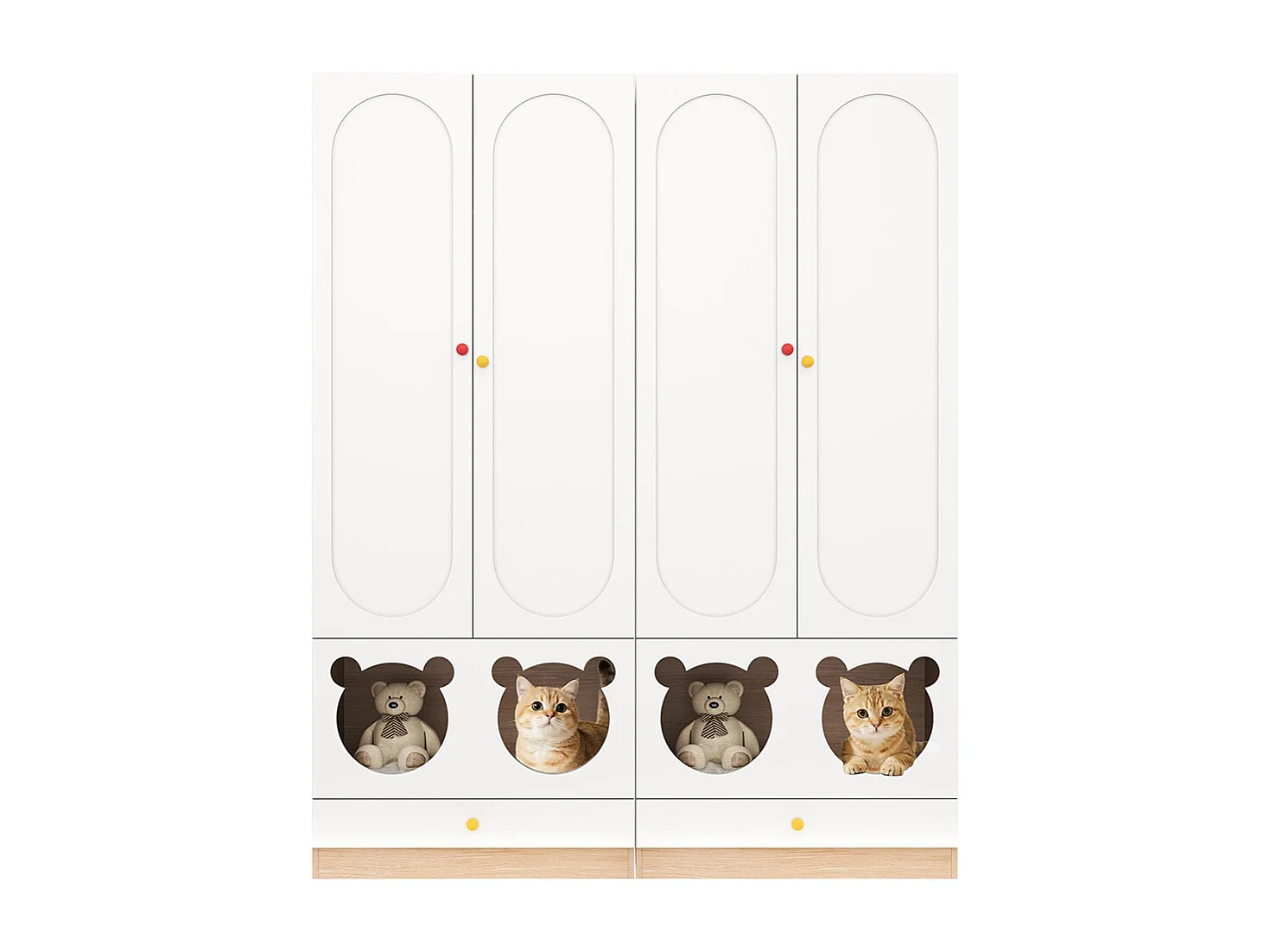 Armoire enfants combinée 2 parties tringle cintres lit chat panneaux laqués blanc bois naturel