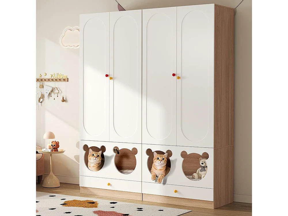 Armoire enfants combinée 2 parties tringle cintres lit chat panneaux laqués blanc bois naturel