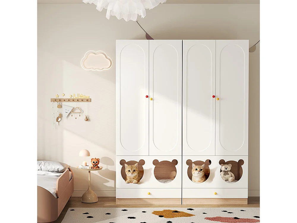 Armoire enfants combinée 2 parties tringle cintres lit chat panneaux laqués blanc bois naturel