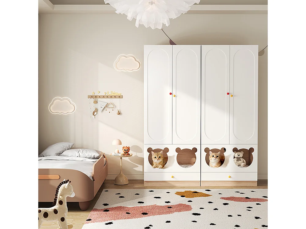 Armoire enfants combinée 2 parties tringle cintres lit chat panneaux laqués blanc bois naturel