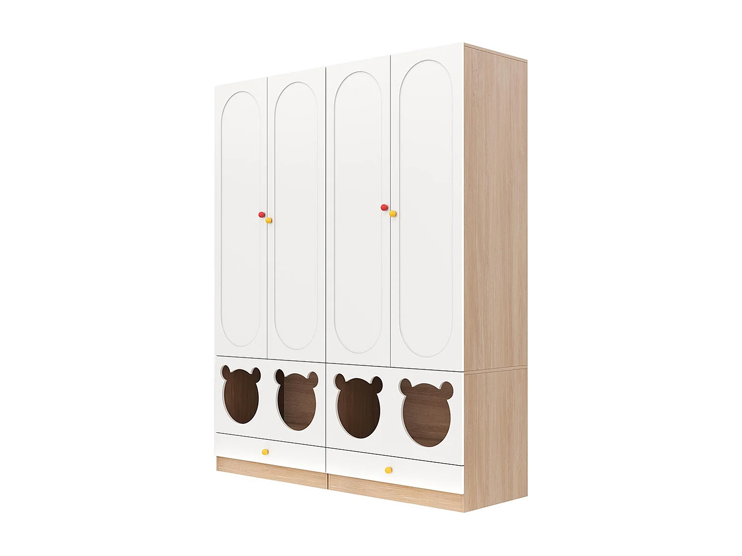 Armoire enfants combinée 2 parties tringle cintres lit chat panneaux laqués blanc bois naturel