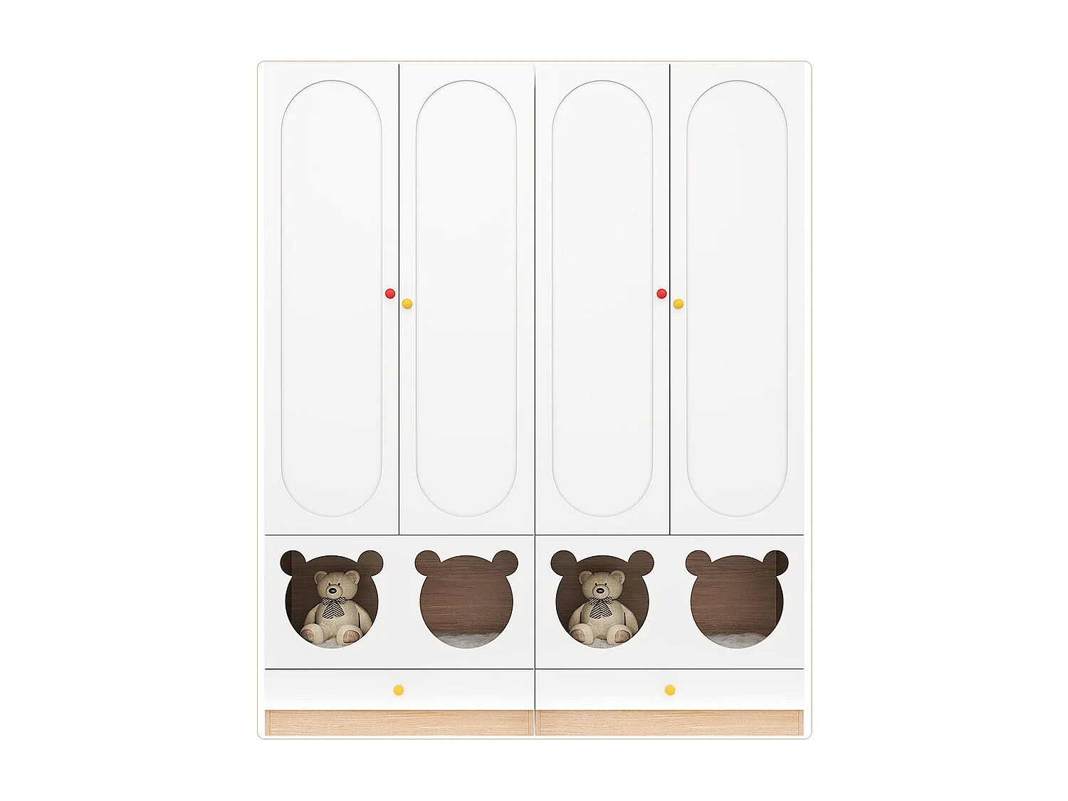 Armoire enfants combinée 2 parties tringle cintres lit chat panneaux laqués blanc bois naturel