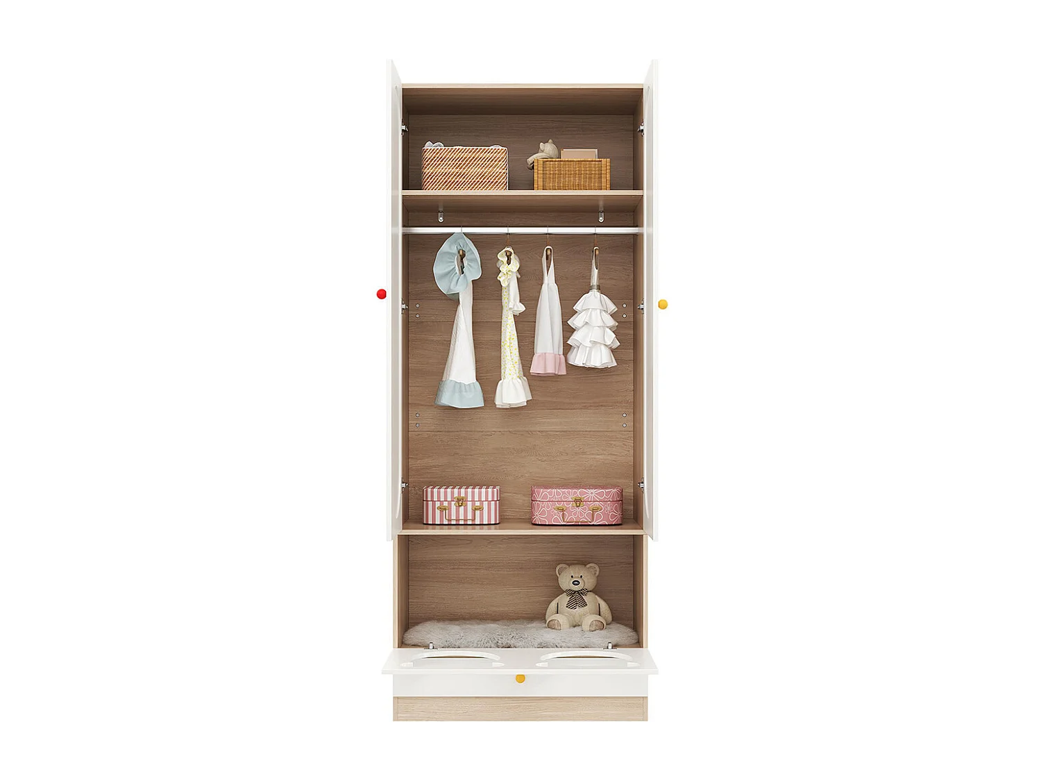 Armoire enfants combinée 2 parties tringle cintres lit chat panneaux laqués blanc bois naturel