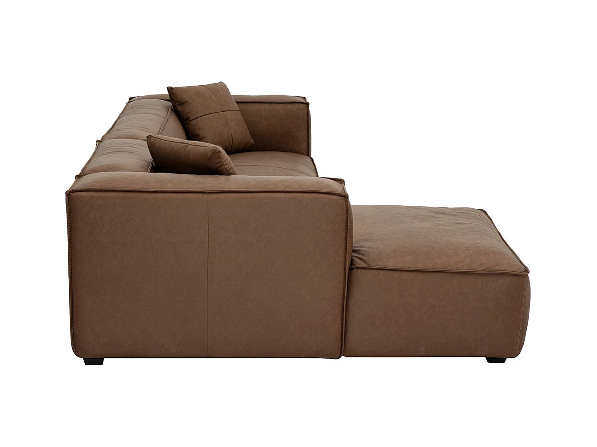 Canapé d'angle gauche vintage 4-5 places en cuir marron et bois noir COBAIN