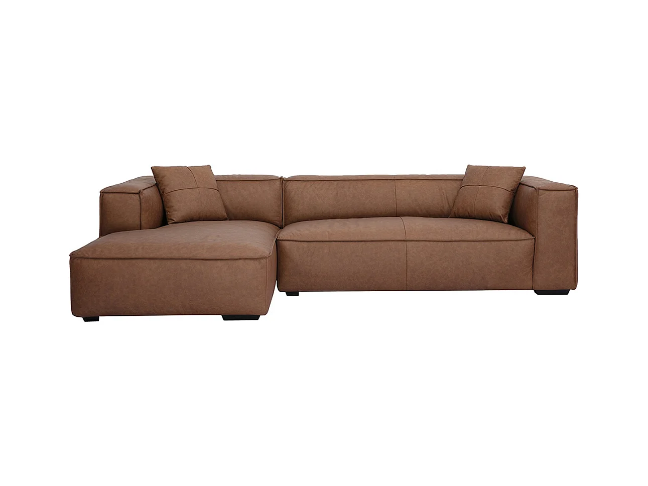 Canapé d'angle gauche vintage 4-5 places en cuir marron et bois noir COBAIN
