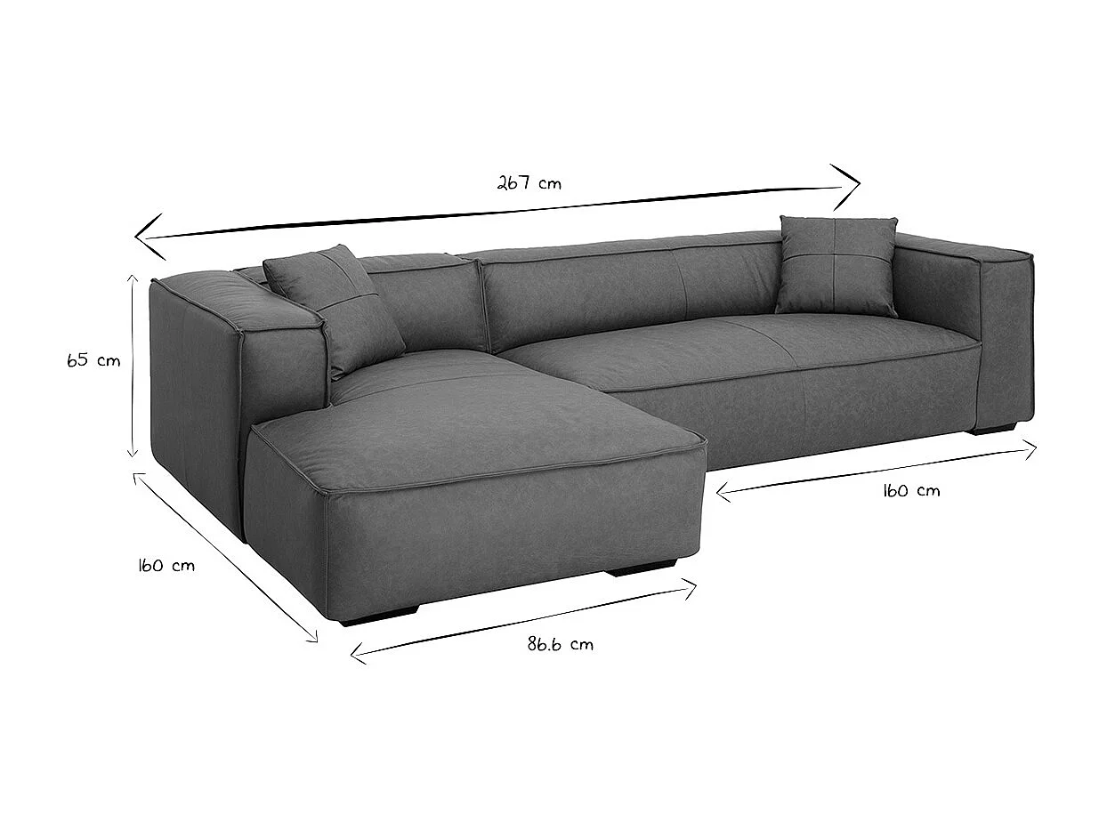 Canapé d'angle gauche vintage 4-5 places en cuir marron et bois noir COBAIN