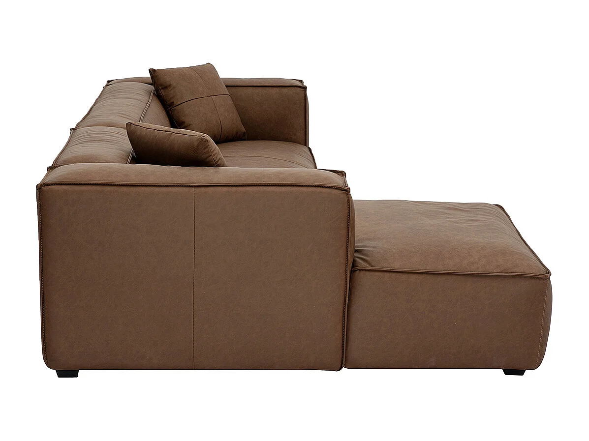 Canapé d'angle gauche vintage 4-5 places en cuir marron et bois noir COBAIN