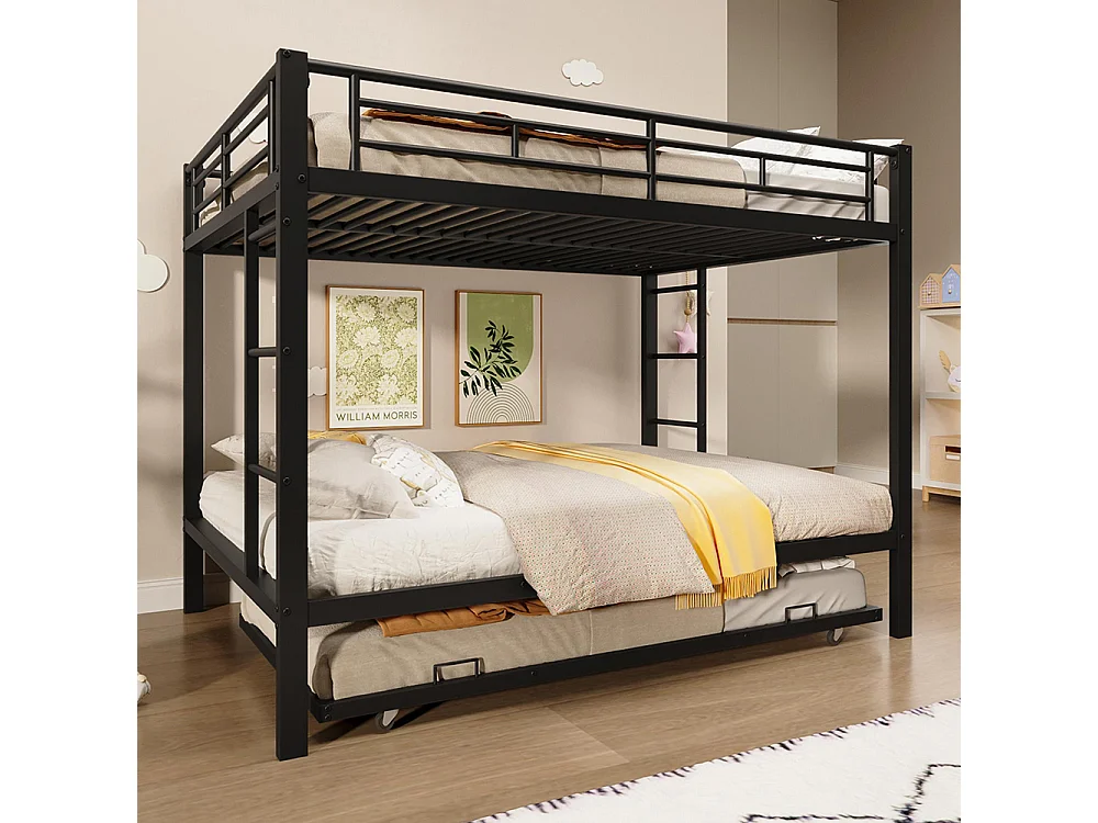 Lit superposé enfant 140x200 cm fer gigogne barrières hautes sans matelas noir