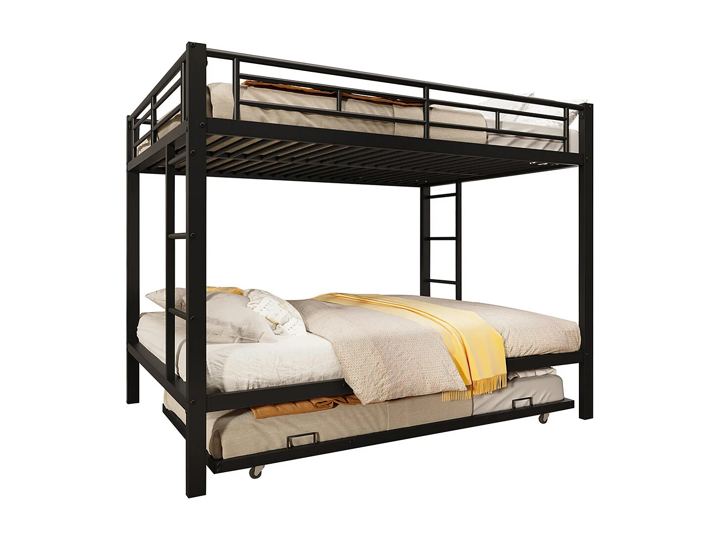 Lit superposé enfant 140x200 cm fer gigogne barrières hautes sans matelas noir