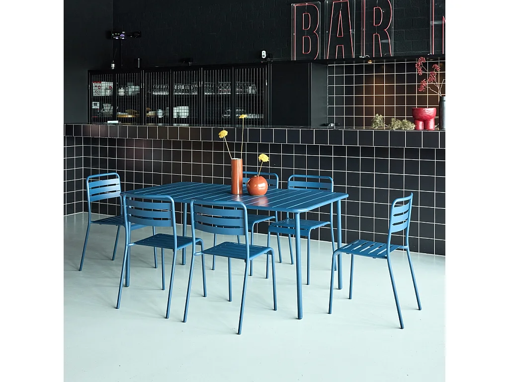 Table de jardin métal + 6 assises bleu marine Amélia