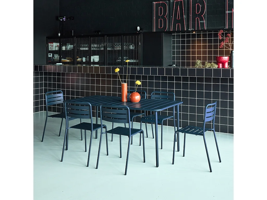Table de jardin métal + 6 assises bleu marine Amélia