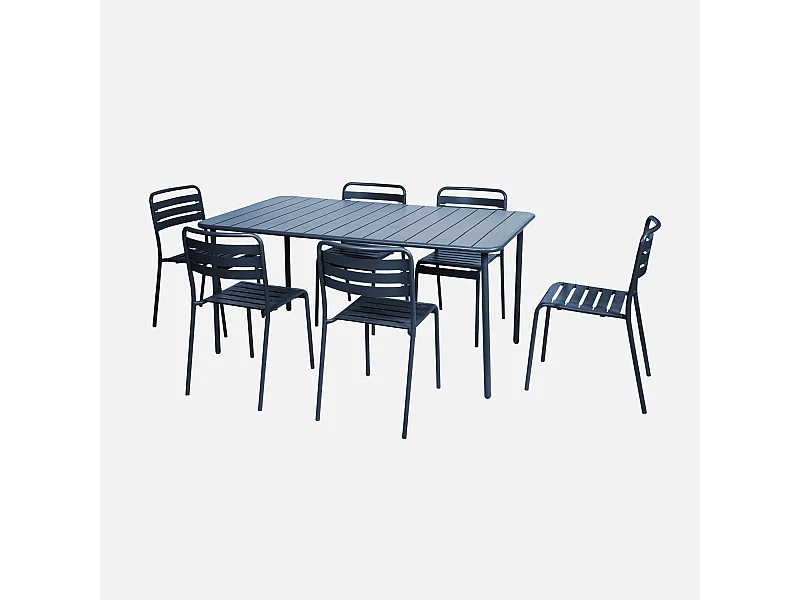 Set tavolo da giardino in metallo con 6 sedie, blu navy