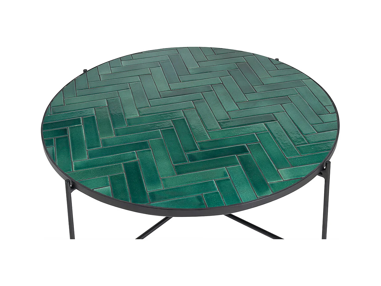 Table basse ronde en céramique vert foncé et métal noir D80.5 cm KOTTA