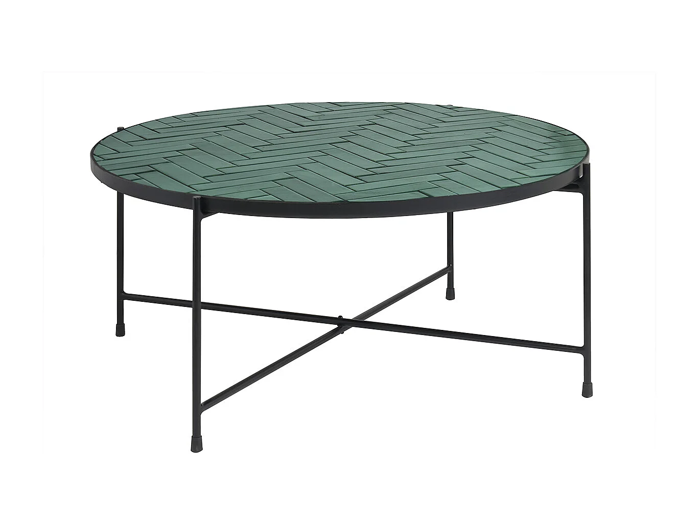 Mesa baja redonda de cerámica verde oscuro y metal negro D80.5 cm KOTTA