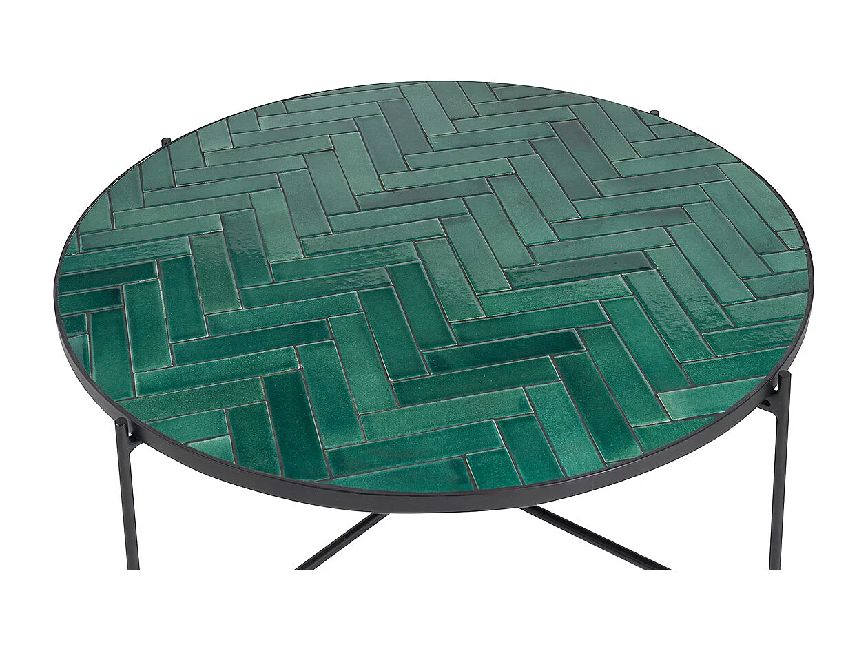 Mesa baja redonda de cerámica verde oscuro y metal negro D80.5 cm KOTTA