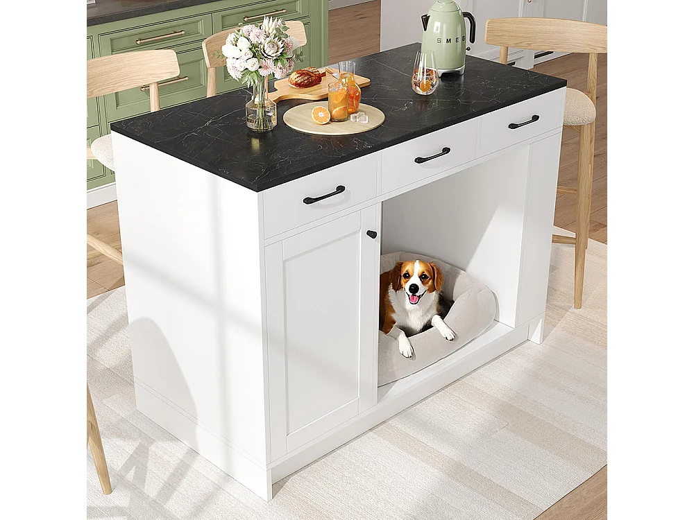 Îlot cuisine 3 tiroirs étagère épices tablette réglable double tablette espace rangement animaux blanc