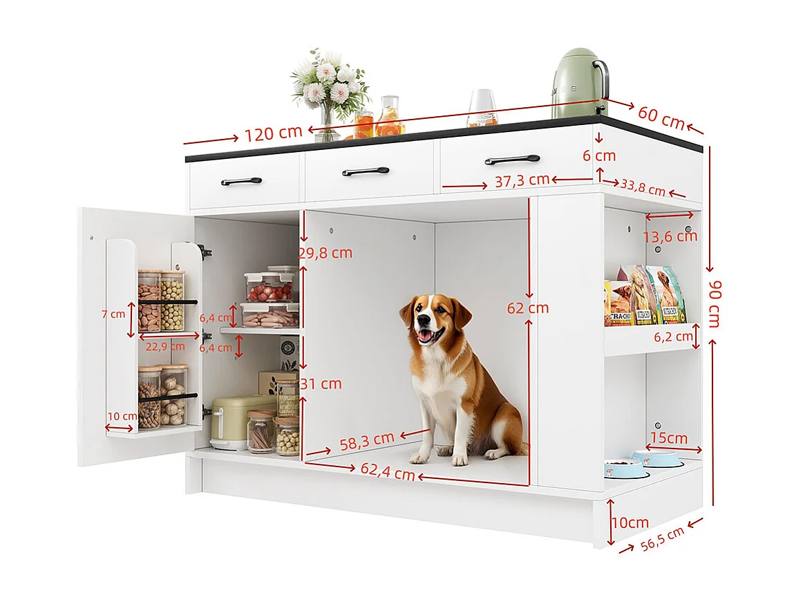 Îlot cuisine 3 tiroirs étagère épices tablette réglable double tablette espace rangement animaux blanc