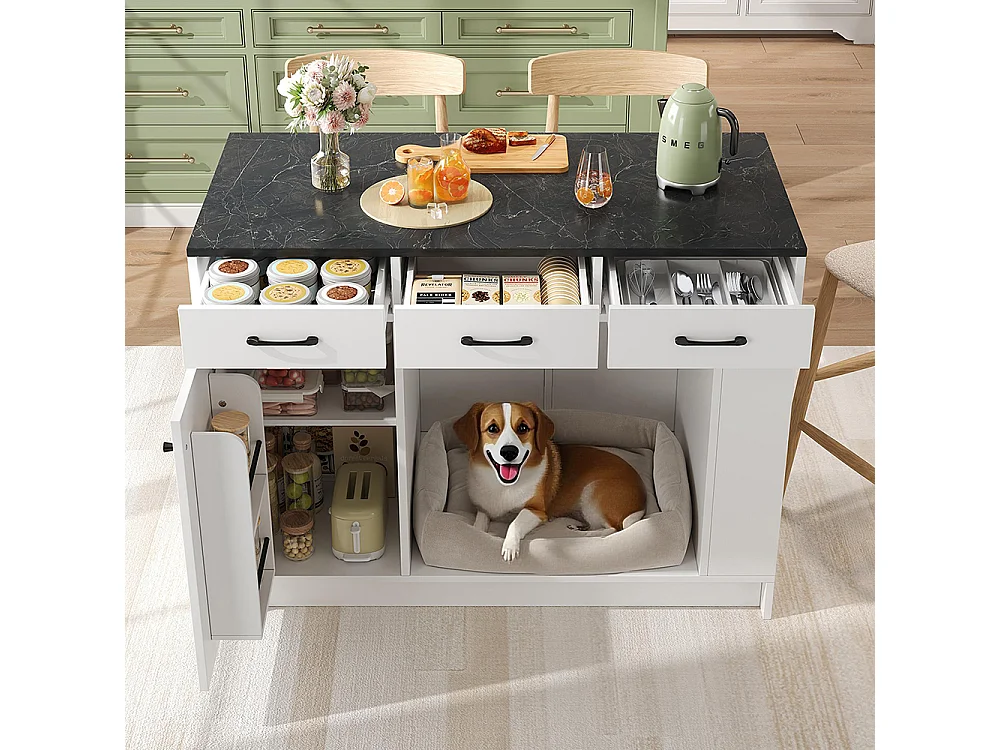 Îlot cuisine 3 tiroirs étagère épices tablette réglable double tablette espace rangement animaux blanc