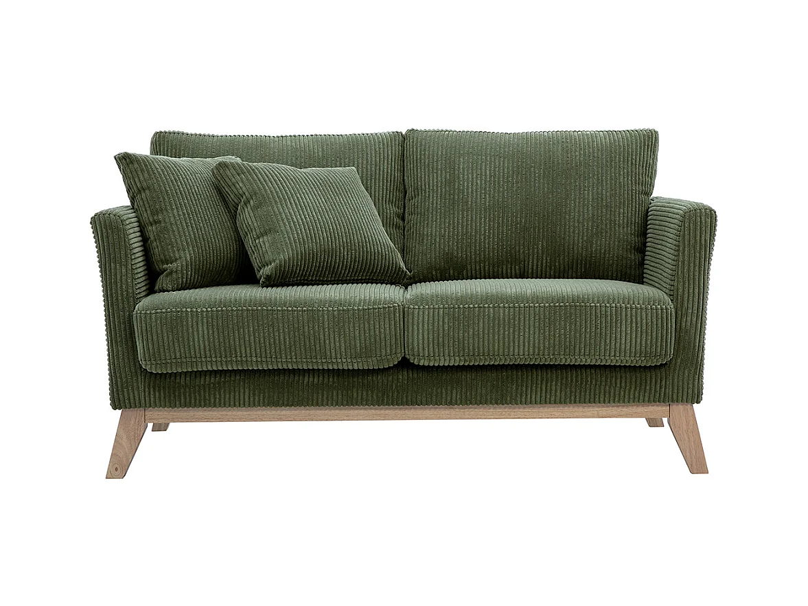 Canapé scandinave déhoussable 2 places en tissu velours côtelé vert kaki et bois clair OSLO