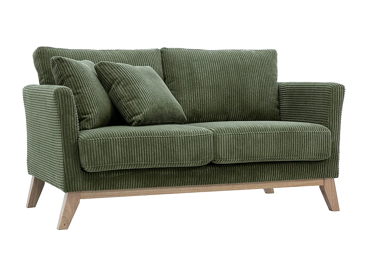 Divano scandinavo sfoderabile 2 posti in tessuto velluto a coste verde kaki e legno chiaro OSLO