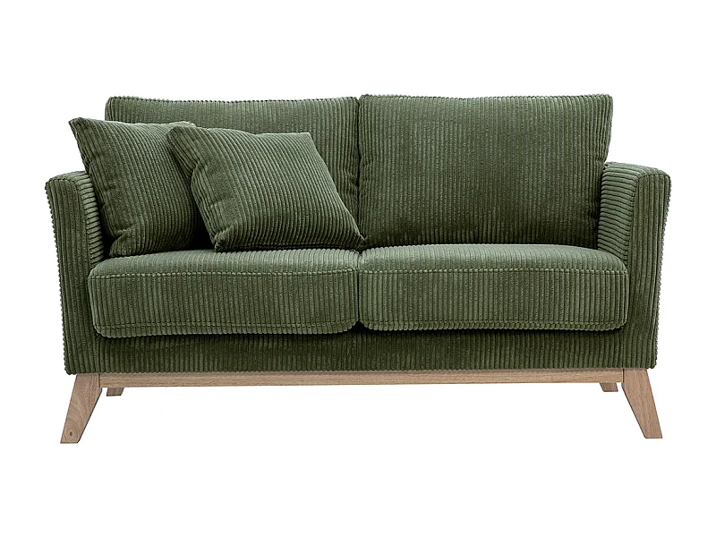 Canapé scandinave déhoussable 2 places en tissu velours côtelé vert kaki et bois clair OSLO