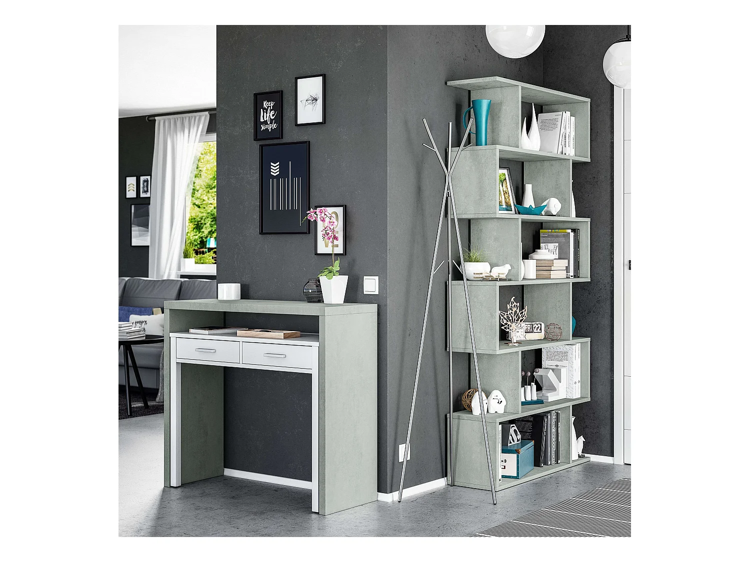 Pacote de mesa extensível Plutón e estante moderna de cimento/branco