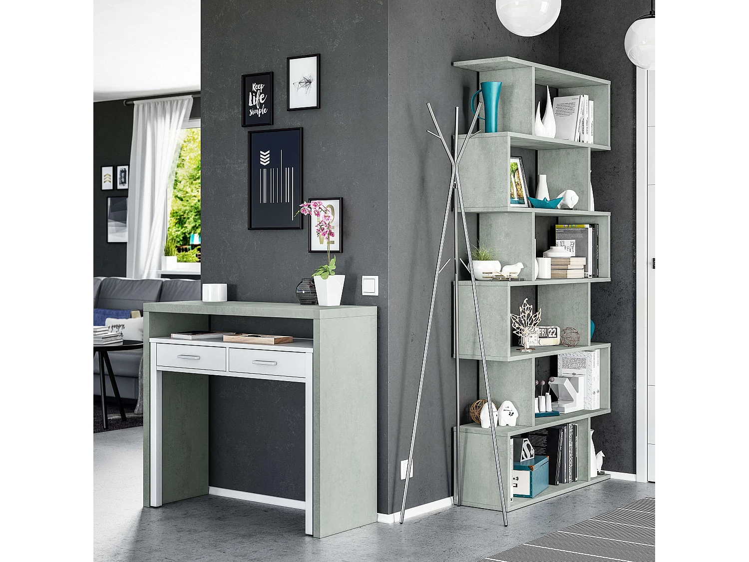 Pacote de mesa extensível Plutón e estante moderna de cimento/branco